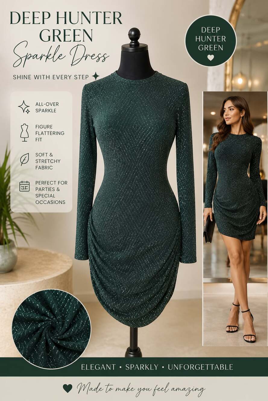 Speechless Women's Long Sleeve Sparkly Hunter Green Ruched Mini Dress